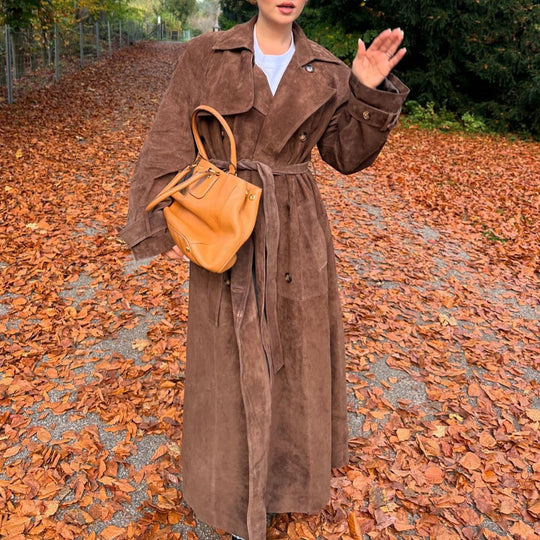 Damen Suede Trenchcoat mit Gürtel und eleganten Knopfdetails R&B