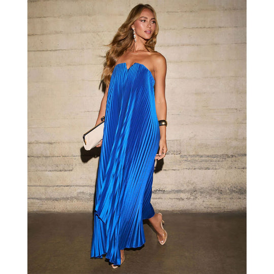 Damen Maxikleid mit plissiertem Oberteil und elegantem V-Ausschnitt R&B