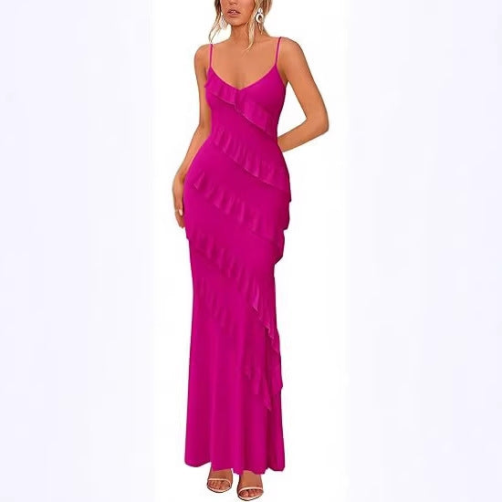 Damen Maxikleid mit Rüschen und Spaghettiträgern R&B