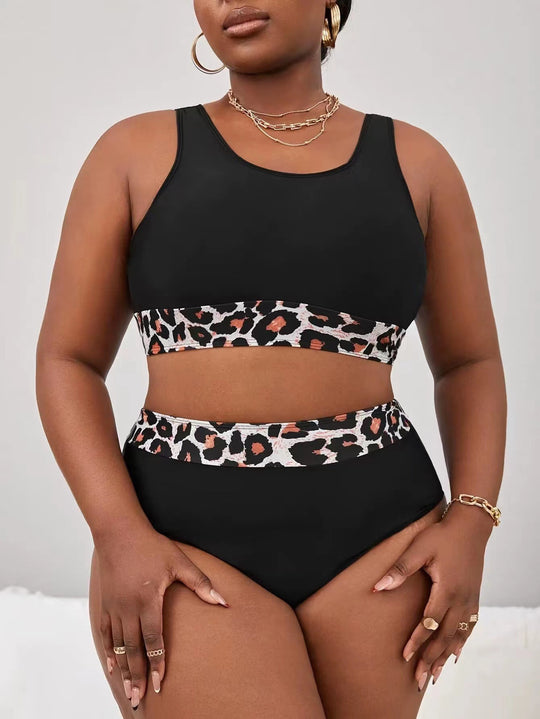 Damen Sportlicher Hochschnitt-Bikini mit Leopardenmuster R&B