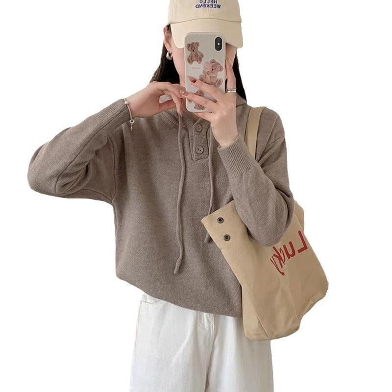 Damen Hoodie-Pullover mit Knöpfen und hohem Kragen R&B