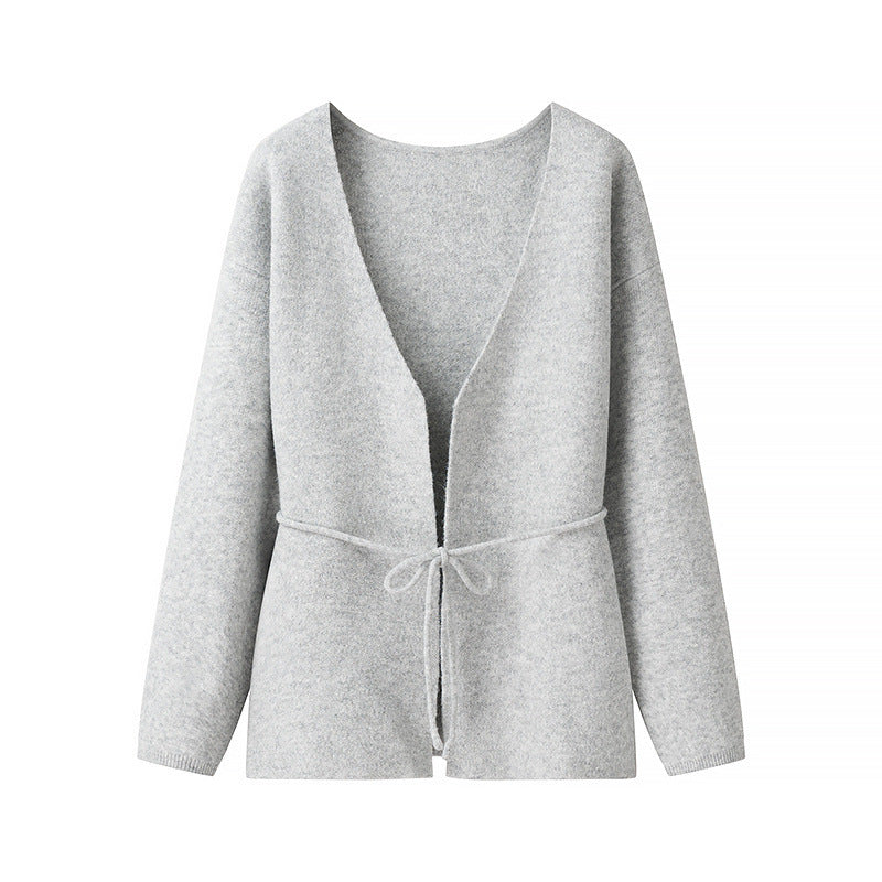 Damen Kuscheliger Strickcardigan mit tiefem V-Ausschnitt und Taillenkordel R&B