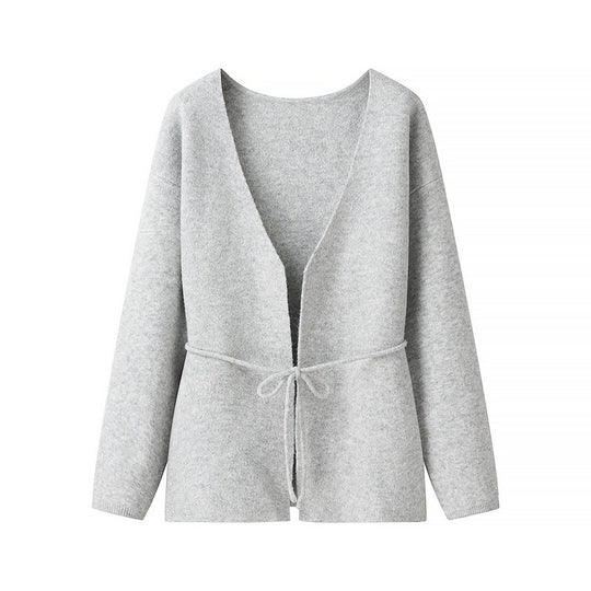 Damen Kuscheliger Strickcardigan mit tiefem V-Ausschnitt und Taillenkordel R&B