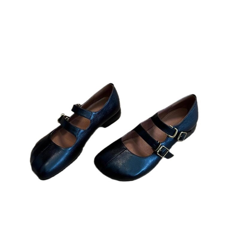 Damen elegante Ballerinas mit doppeltem Schnallenverschluss und veganer Lederoberfläche R&B
