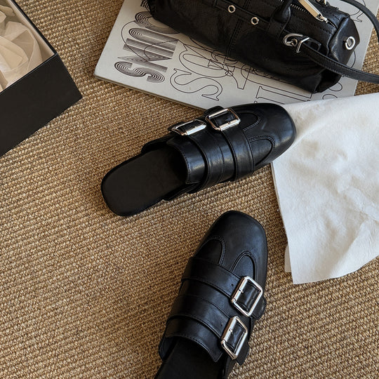 Damen Mules mit doppeltem Schnallenverschluss und eleganter Lederoberfläche R&B