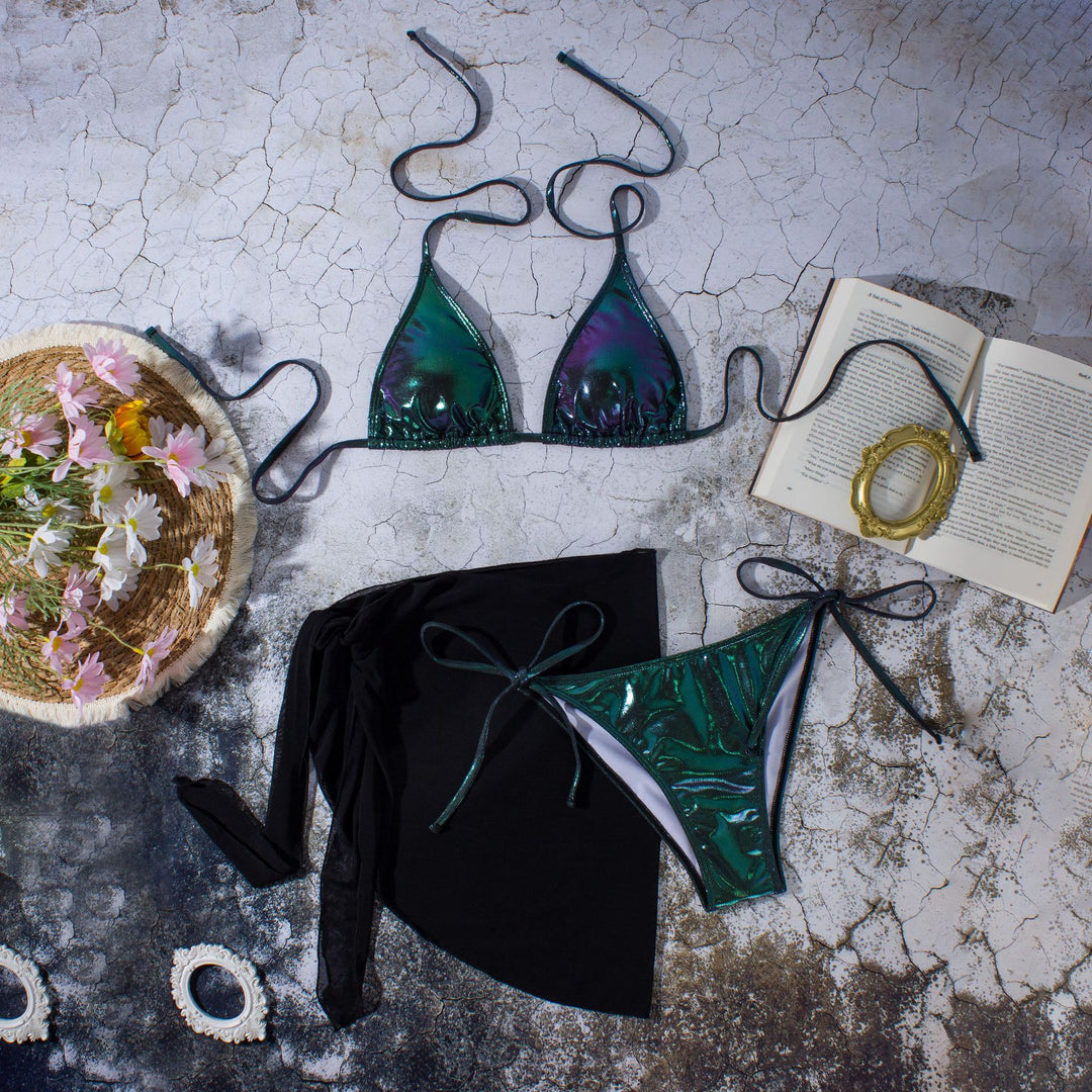 Damen Glänzender Triangel-Bikini mit Wickelrock R&B