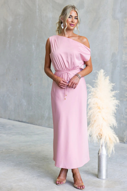 Damen Maxi-Kleid mit schulterfreiem Design und elastischem Taillenbund R&B
