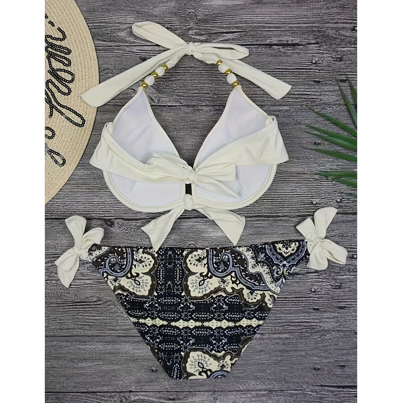 Damen Triangel-Bikini mit verspieltem Bindedesign und eleganten Perlen R&B