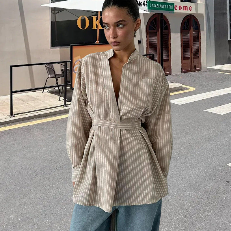 Damen elegante Bluse mit tailliertem Schnitt und Gürtel R&B