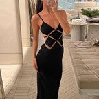 Damen glamouröses Maxikleid mit einzigartigem Schnitt und eleganten Schlaufen R&B