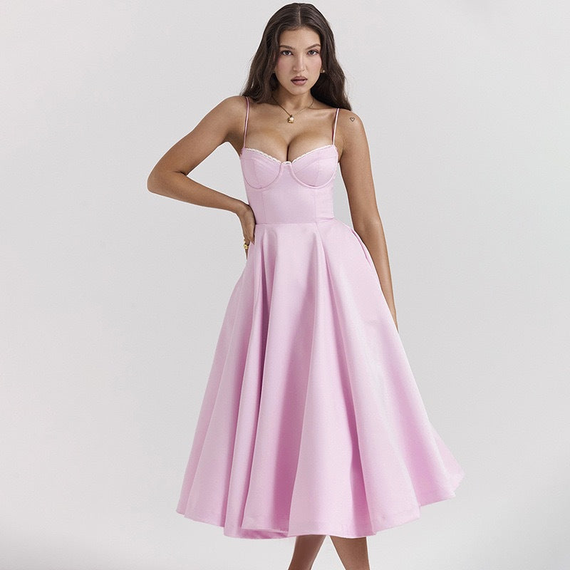 Damen Elegantes Satin Abendkleid mit schwingendem Rock und verstellbaren Spaghetti-Trägern R&B
