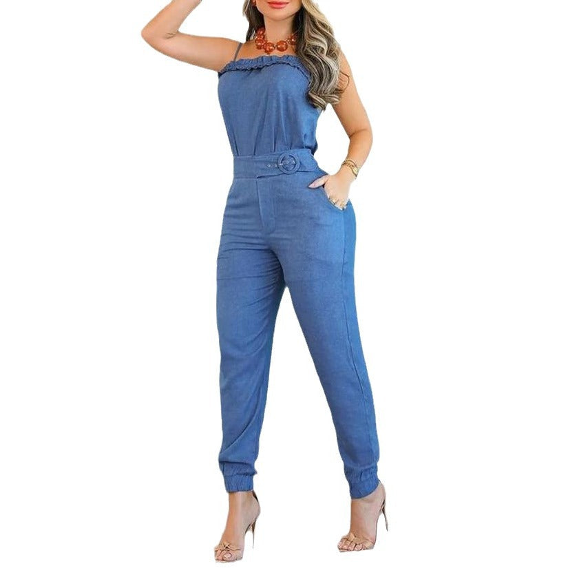 Damen Eleganter Jumpsuit mit raffinierten Trägern und Taillengürtel R&B