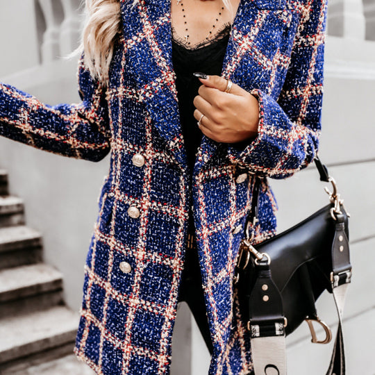 Damen Doppelreihige Karierte Blazerjacke R&B