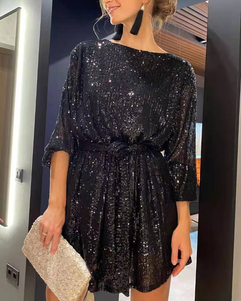 Damen Glamouröses Cocktailkleid mit funkelnden Lurex-Fäden und elastischem Taillengürtel R&B