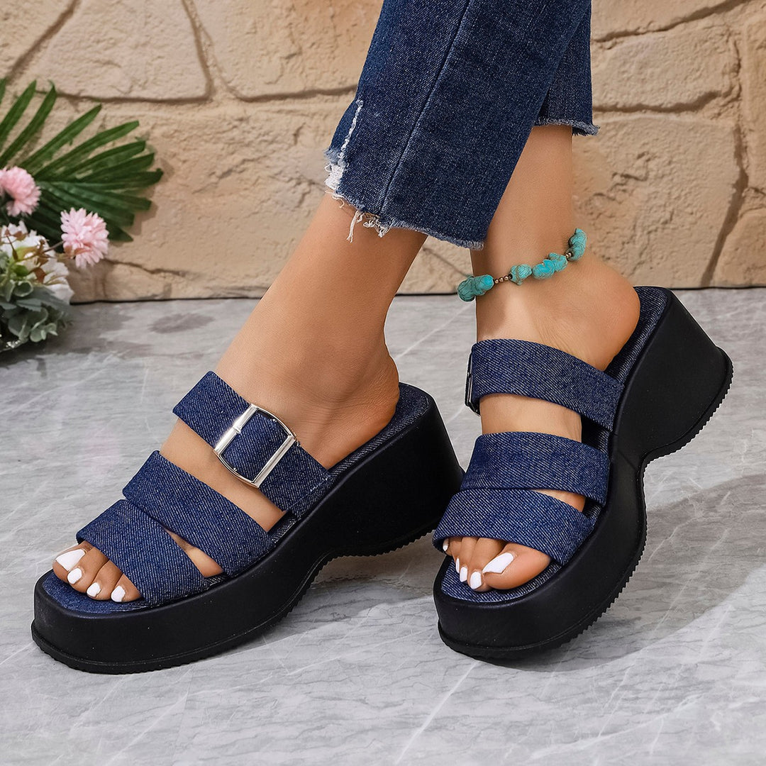 Damen Plateau-Pantoletten mit verstellbarem Riemendesign und modischem Denim-Obermaterial R&B