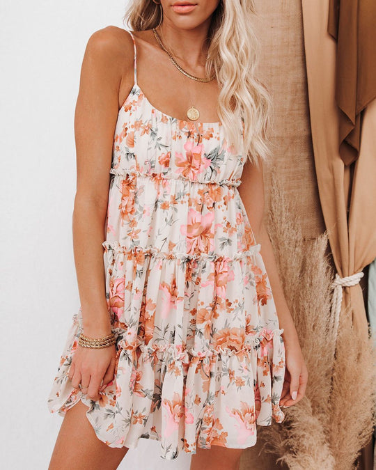 Damen Sommerliches Rüschens Kleid mit floralen Akzenten und verstellbaren Spaghettiträgern R&B