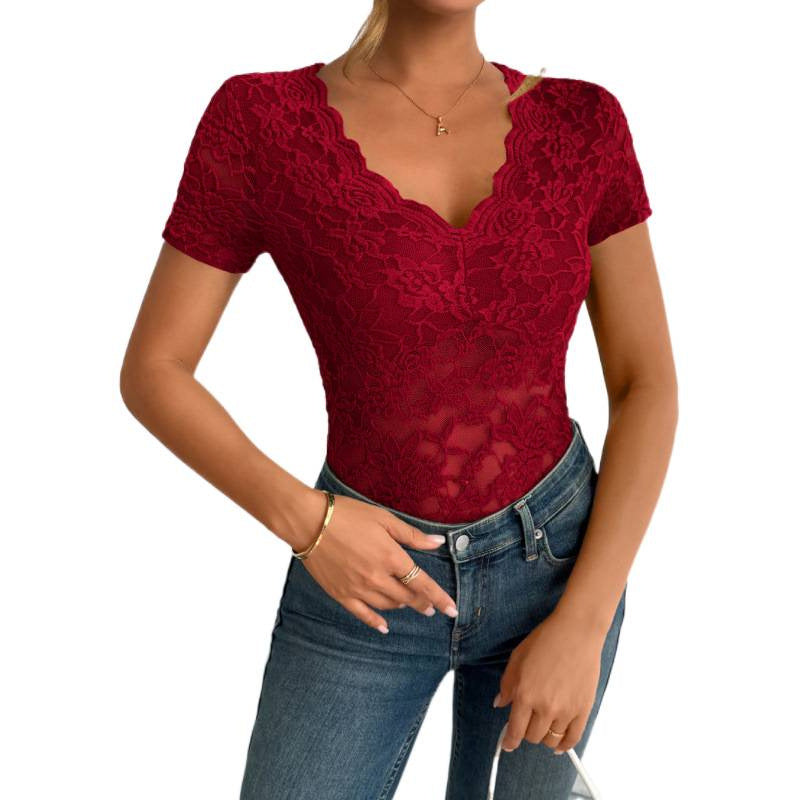 Damen Spitzen-Bodysuit mit dekorativem V-Ausschnitt R&B