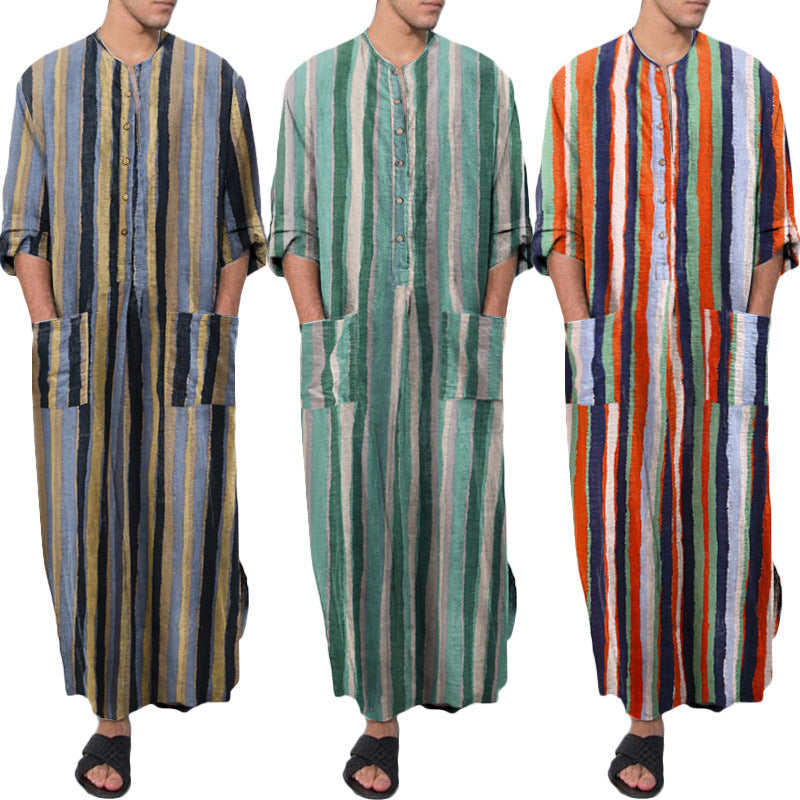 Herren nan lockerer Kaftan aus Leinenmischung mit Knopfleiste und aufgesetzten Taschen R&B