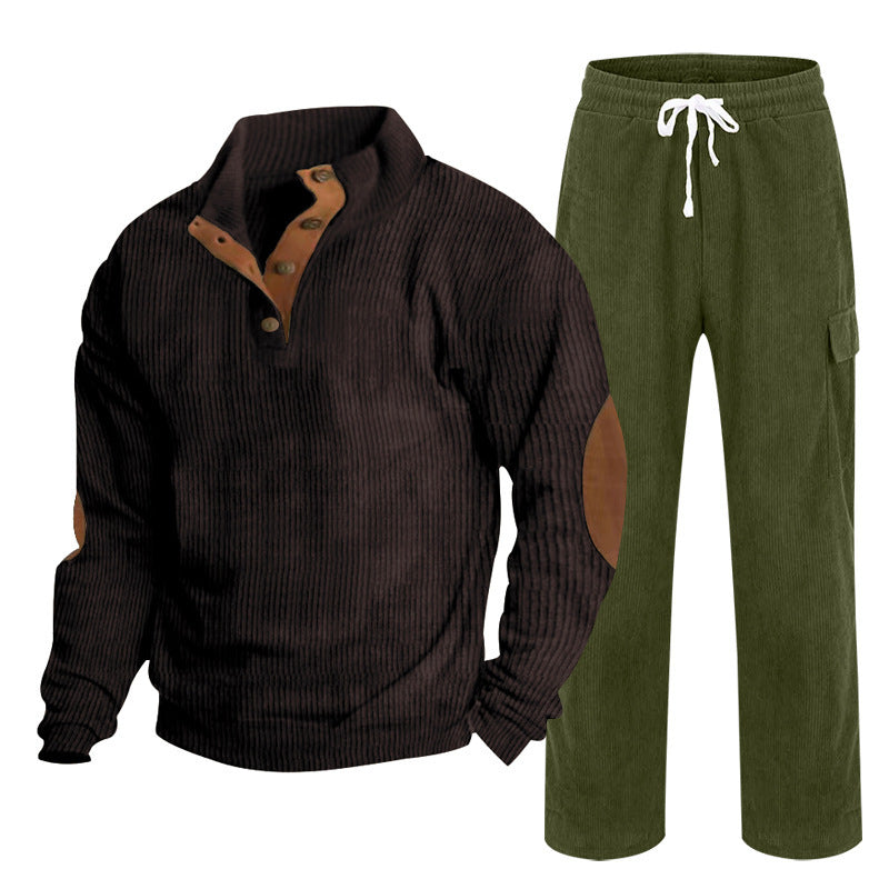 Herren nan Strick-Freizeitset mit Knopfleiste und Ellenbogenaufnähern sowie Cord-Cargohose R&B