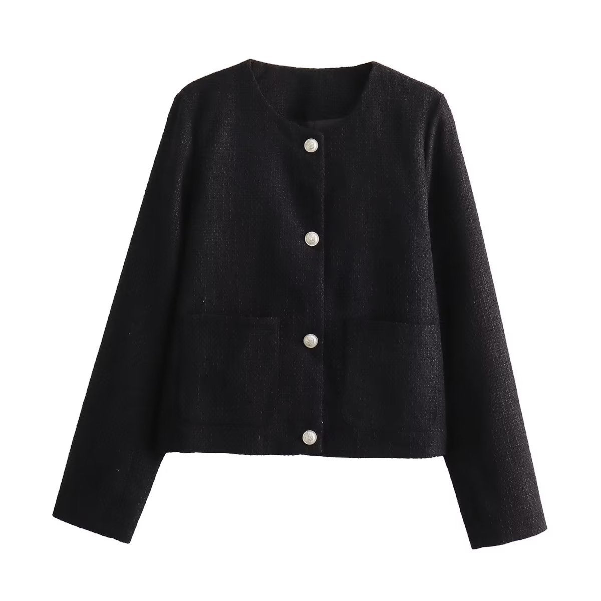 Damen elegante Kurzjacke mit dekorativen Knopfdetails und praktischen Taschen R&B