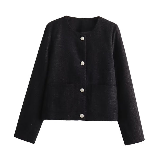 Damen elegante Kurzjacke mit dekorativen Knopfdetails und praktischen Taschen R&B