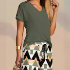 Damen lässiger Shorts-Set mit Knopfdetail und V-Ausschnitt R&B