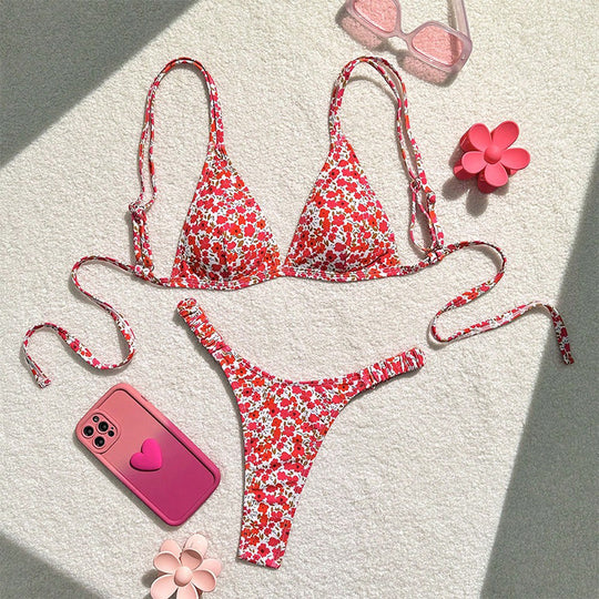 Damen Triangel-Bikini mit buntem Blumendesign und verstellbaren Trägern R&B