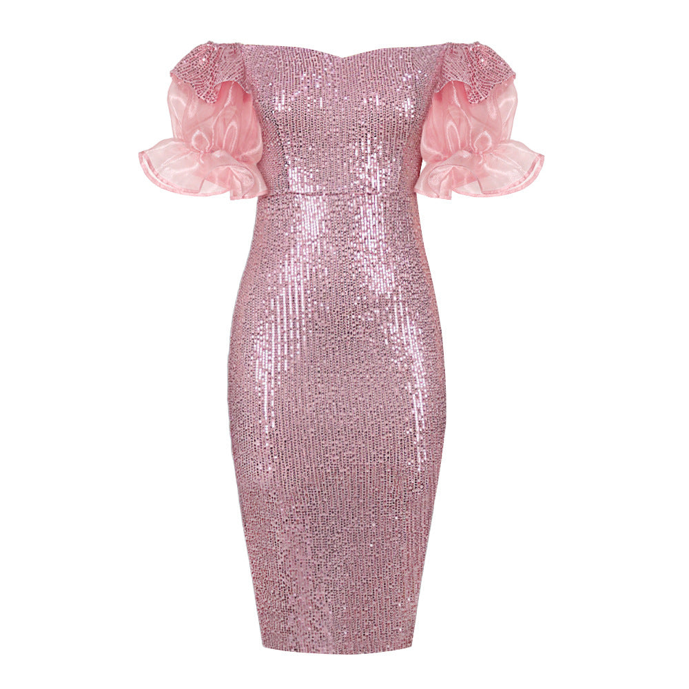 Damen Off-Shoulder Kleid mit funkelndem Paillettenüberzug und transparenten Ärmeln R&B