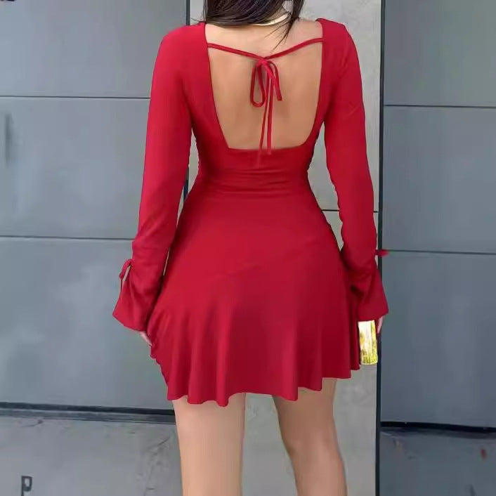Damen Wickelkleid mit langen Ärmeln und dekorativen Knoten R&B