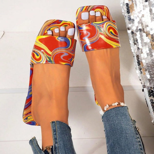 Damen Offene Riemchen-Sandalen mit buntem Marmor-Design R&B