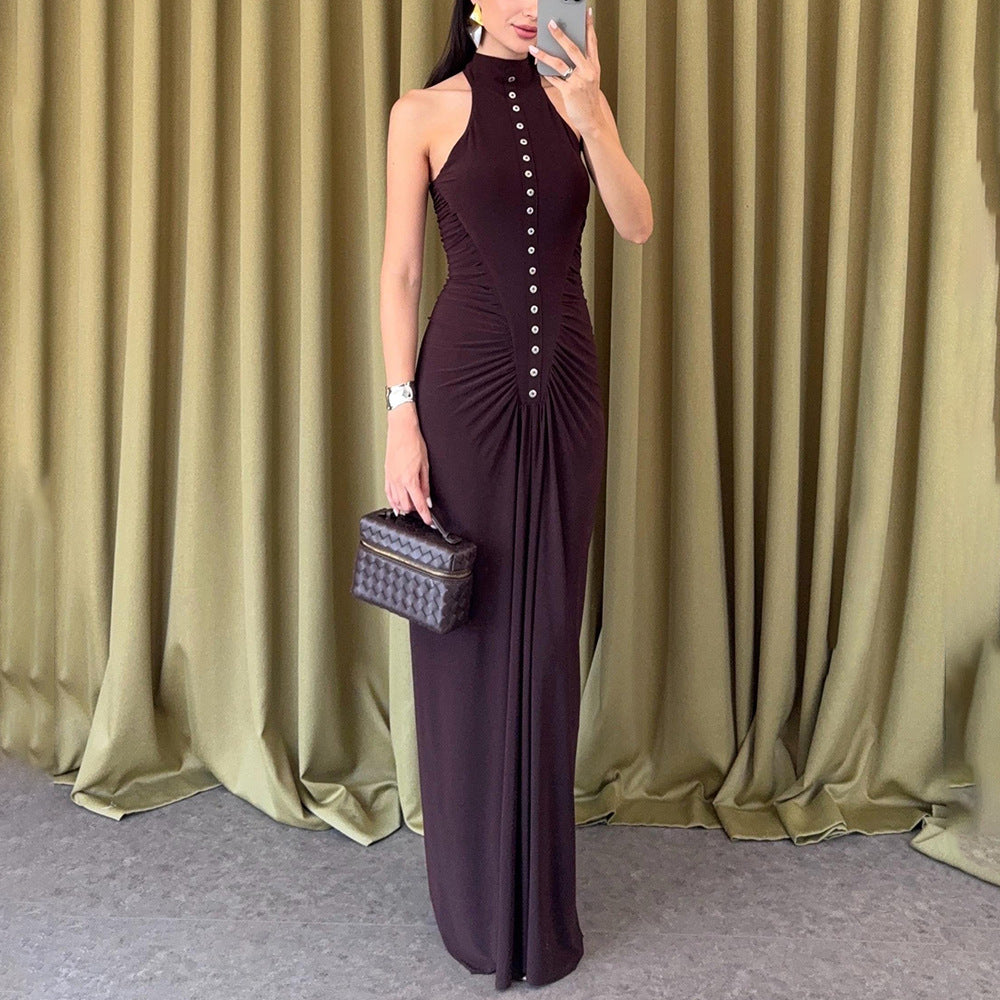Damen Elegantes, figurbetontes Maxikleid mit hochgeschlossenem Ausschnitt und Knopfdetails R&B