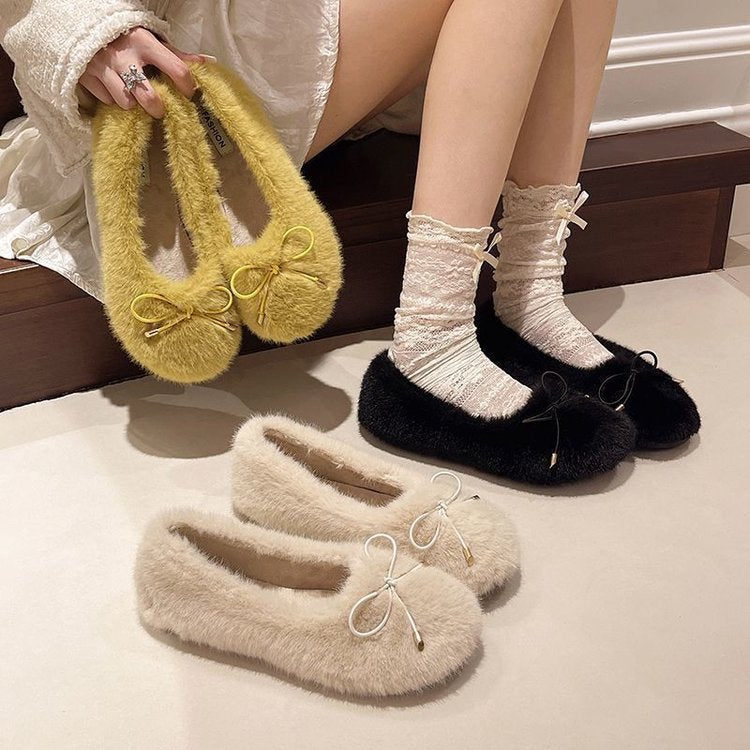 Damen Flauschige Pantoffeln mit dekorativem Bow R&B
