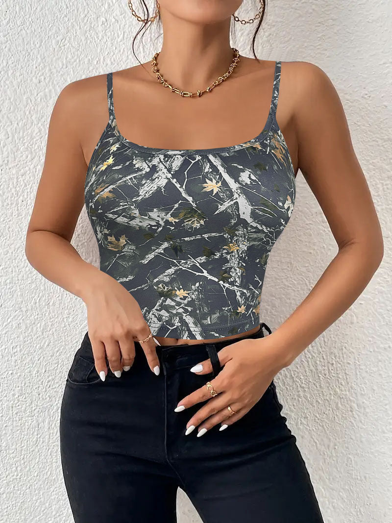 Damen Crop Top mit modischem Camouflage-Muster und feinen Spaghetti-Trägern