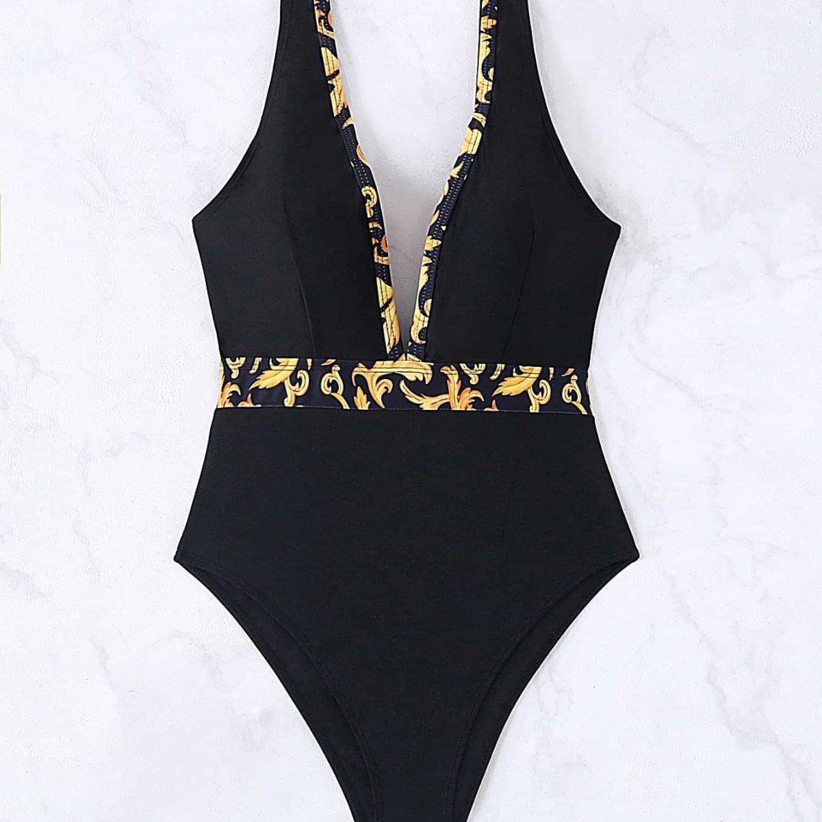 Damen Einteiliger Badeanzug mit tiefem V-Ausschnitt und eleganter Gürtel-Detail R&B