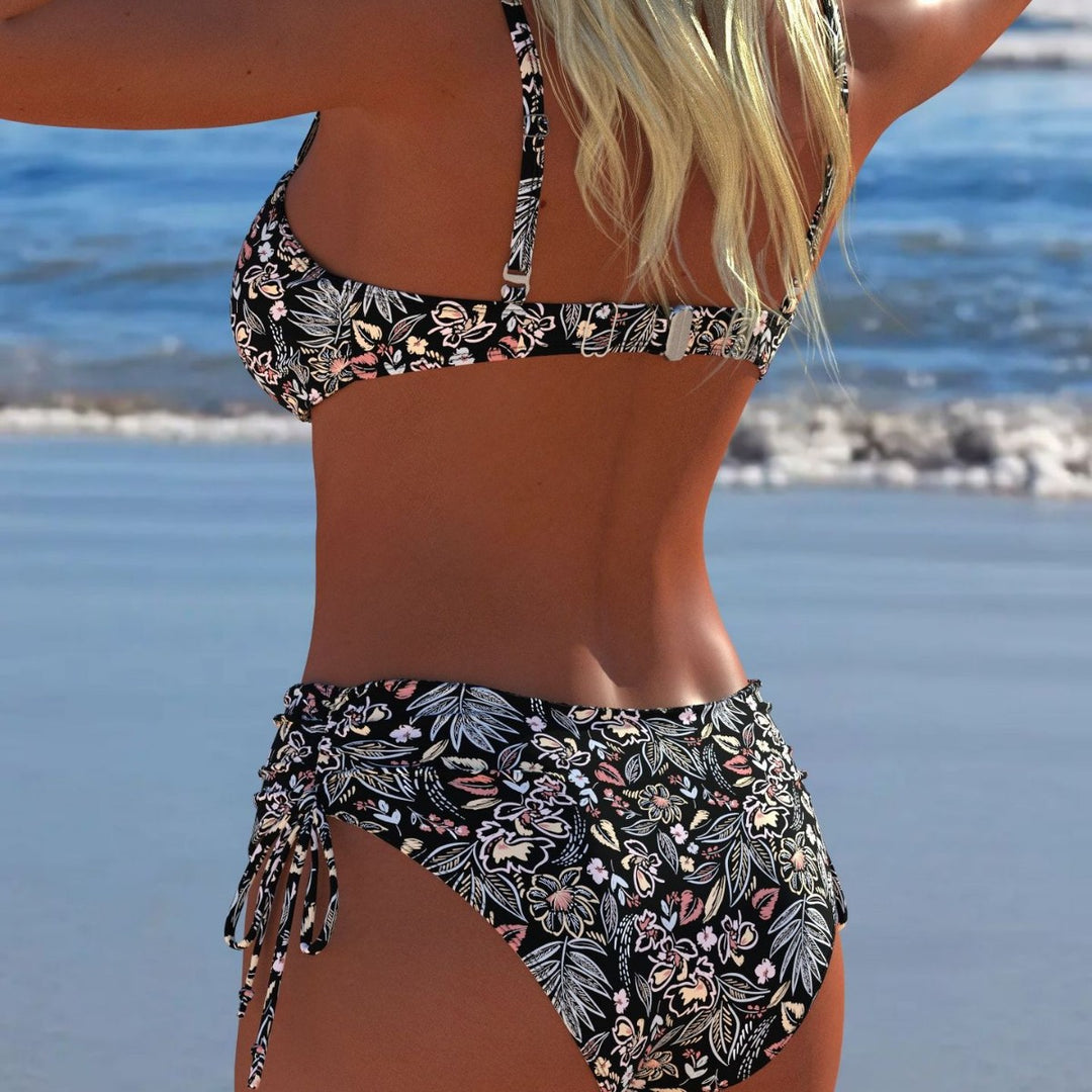 Damen Bandeau-Bikini-Set mit hochgeschnittenem Höschen und tropischem Blütenmuster R&B