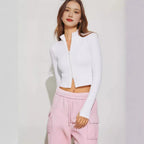 Damen Cropped Zip-Langarmshirt mit hohem Kragen R&B