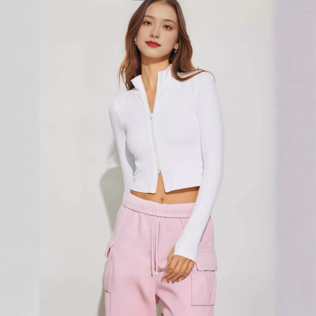 Damen Cropped Zip-Langarmshirt mit hohem Kragen R&B