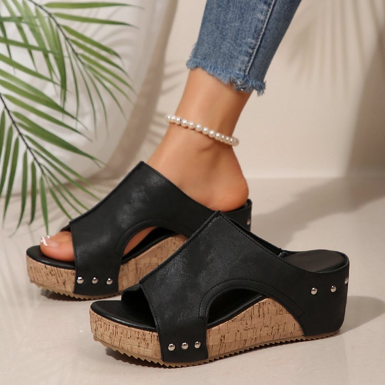 Damen Plateau-Pantoletten mit modischem Cut-Out-Design und rutschfester Korksohle R&B