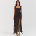 Damen asymmetrisches Maxi-Kleid mit Rüschendetails und hohem Schlitz R&B
