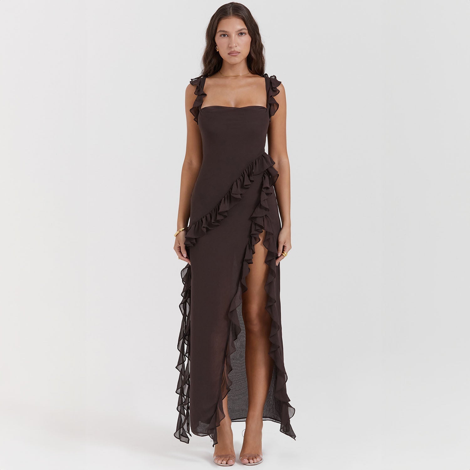 Damen asymmetrisches Maxi-Kleid mit Rüschendetails und hohem Schlitz R&B