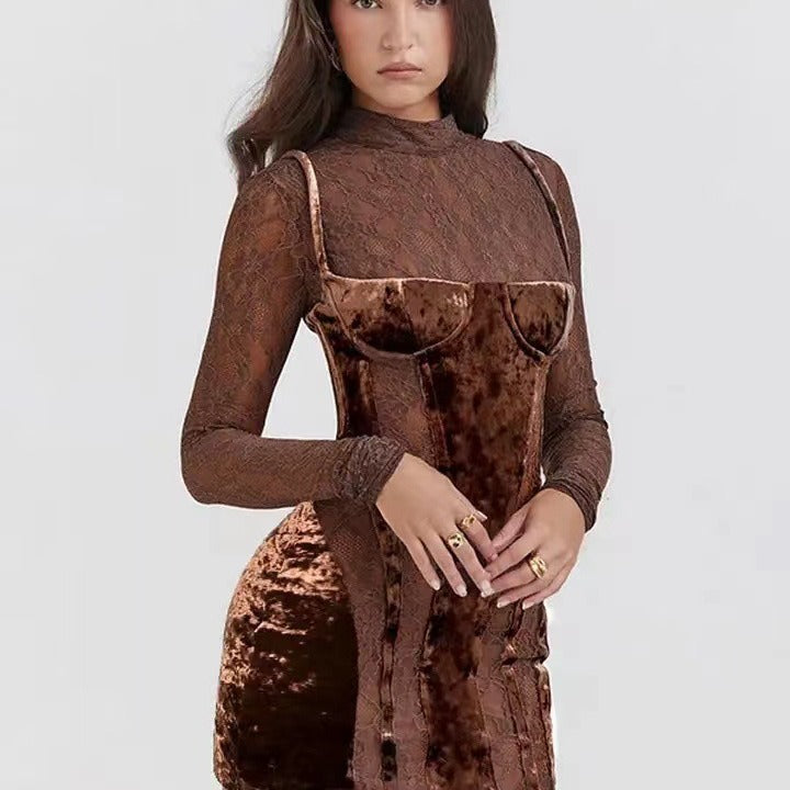 Damen Elegantes Spitzenkleid mit verführerischem V-Ausschnitt und langem Arm R&B