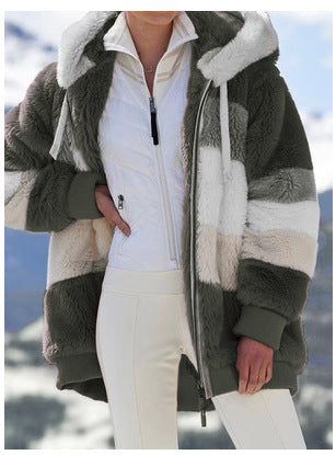 Damen Modische und warme Fleecejacke mit Kapuze und blockartigem Design R&B