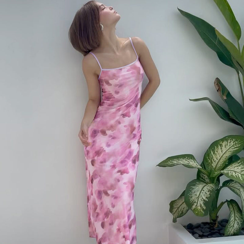 Damen Maxikleid mit floralen Muster und verstellbaren Spaghetti-Trägern EB