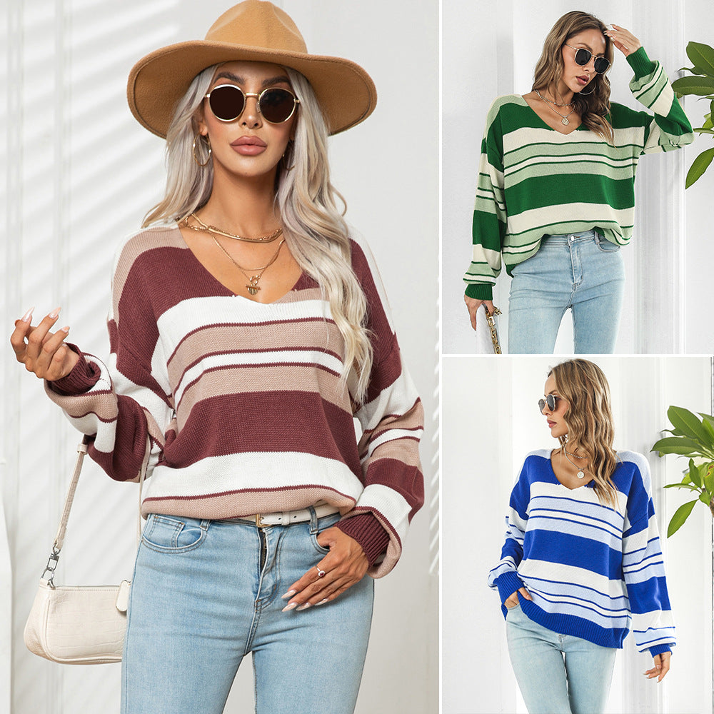Damen Strickpullover mit modischem Streifenmuster und lässigem Schnitt R&B