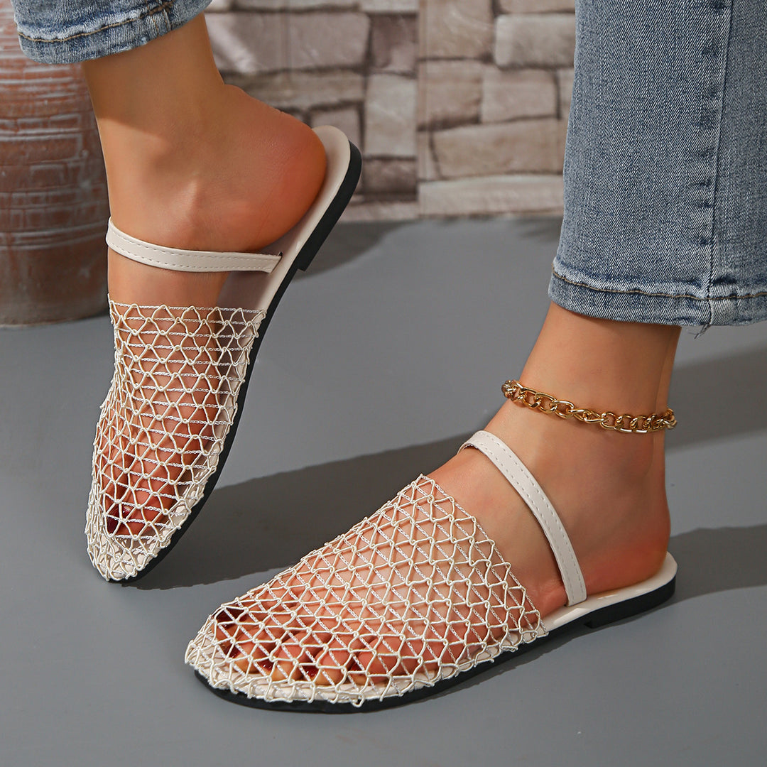 Damen Mesh-Pantoletten mit angenähtem Riemen und rutschfester Sohle R&B