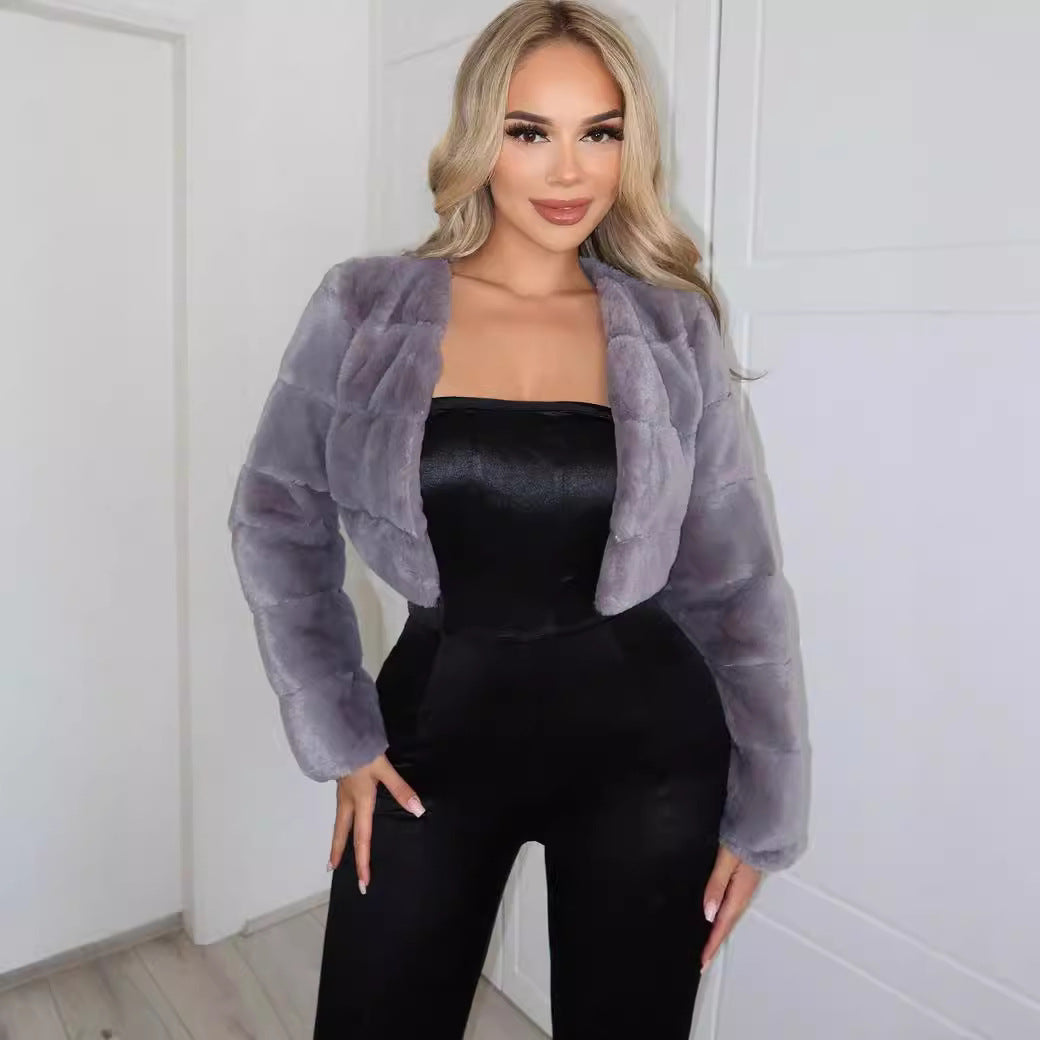Damen Kurze Kunstpelzjacke mit breiten Ärmeln R&B