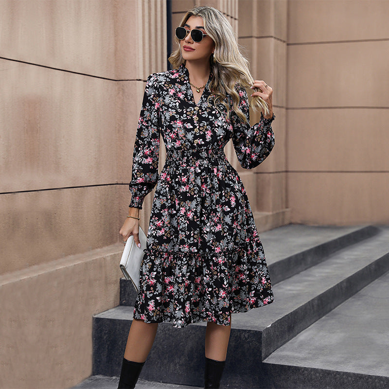 Damen Romantisches Midikleid mit floralem Design und Taillengürtel R&B