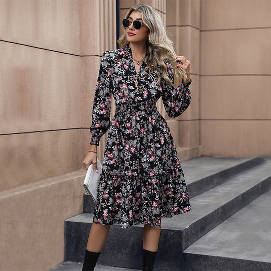 Damen Romantisches Midikleid mit floralem Design und Taillengürtel R&B