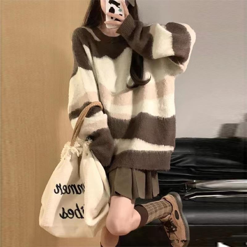 Damen Grobstrickpullover mit modischem Streifenmuster und lässigem Schnitt R&B