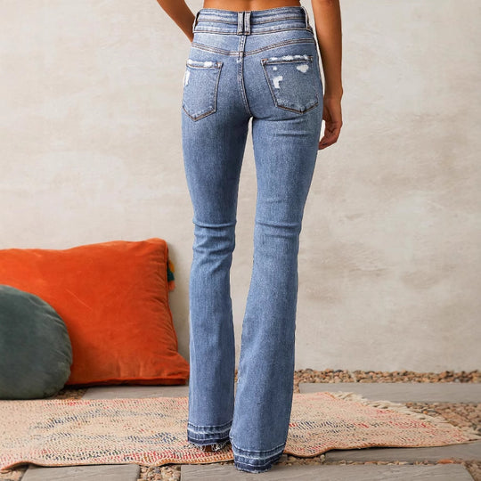 Damen Flared Jeans mit hohem Bund und modischem Destroyed-Effekt R&B